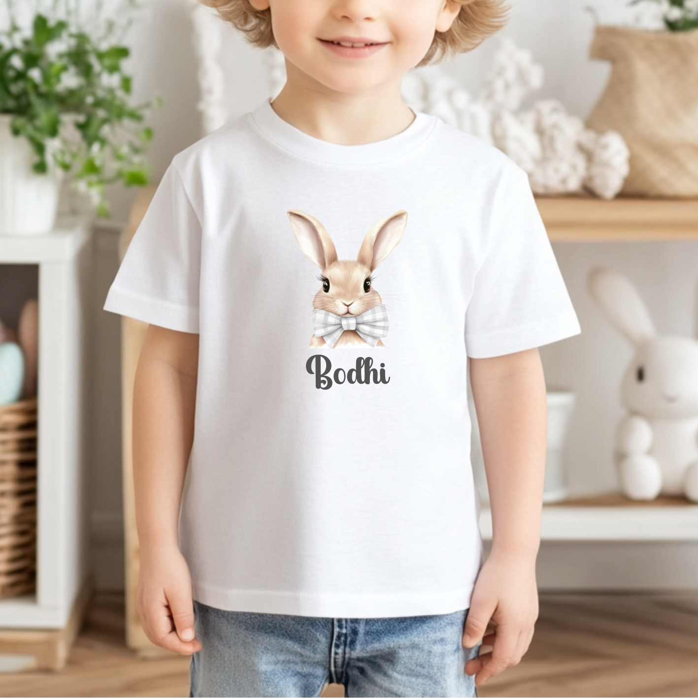 DTF Decal - Gingham Bow Tie Bunny Grey
