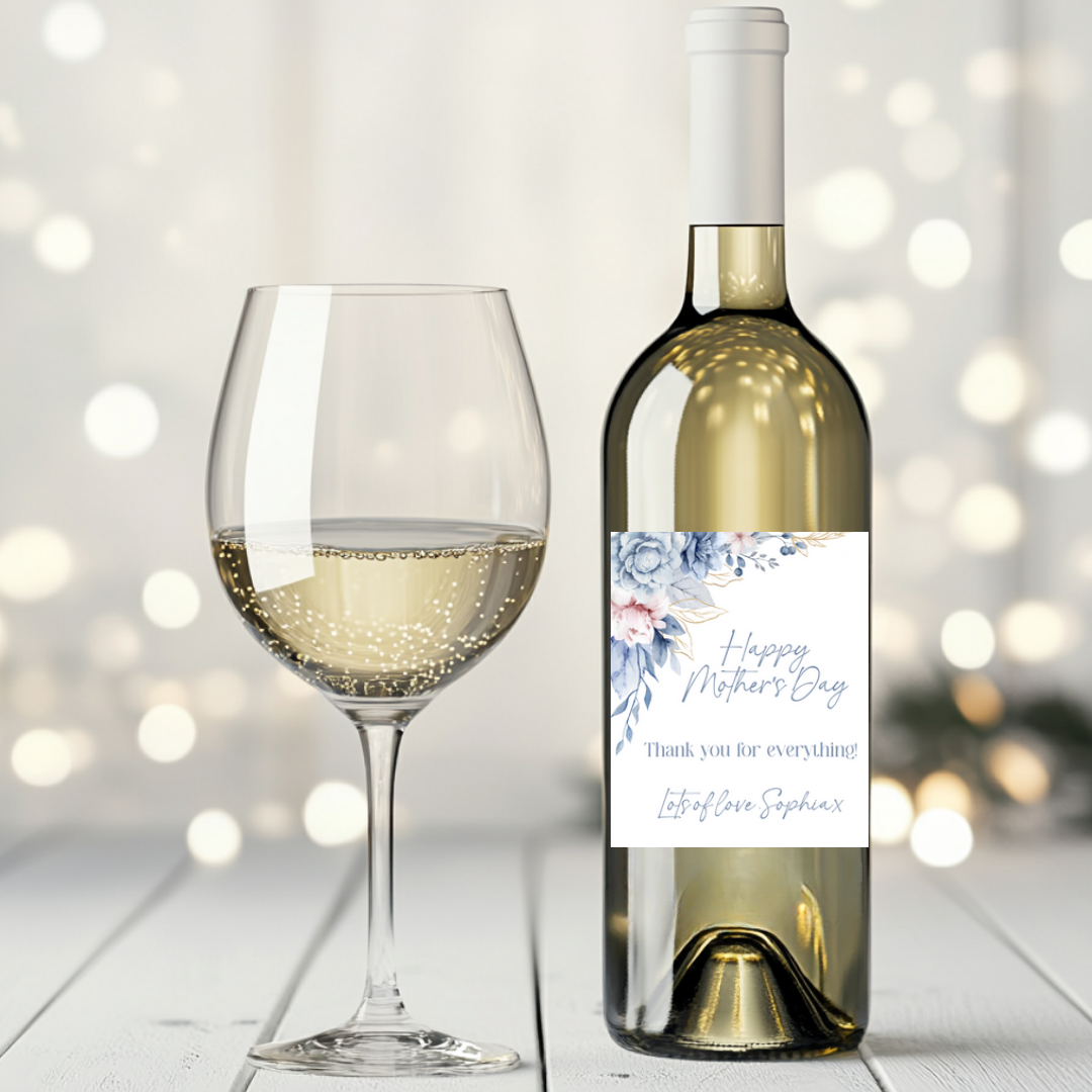 Mother's Day Blue Flowers Wine Label