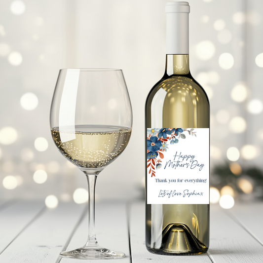 Mother's Day Navy And Burnt Orange Flowers Wine Label